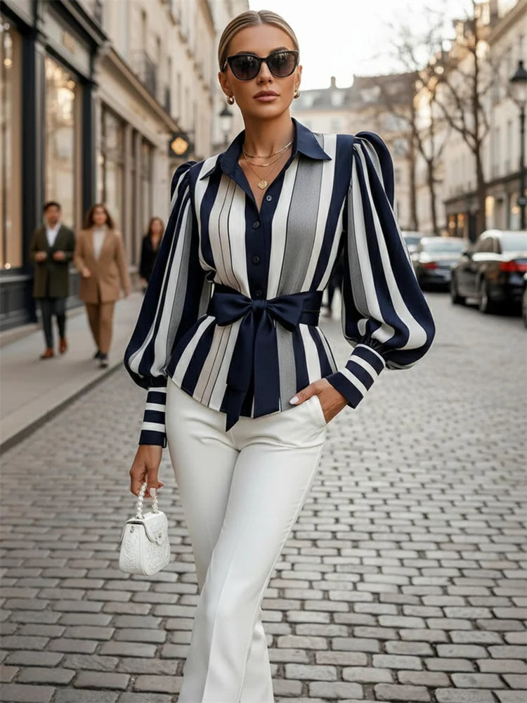 UOOZEE Women's Contrast Color Striped Shirt Long Puff Sleeves Belted Elegant Office Blouse 2026 Fashion Tops Formal Workwear