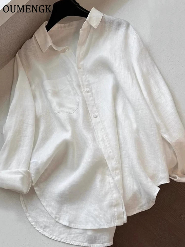 Women Minimalist Loose Tops Fashion Summer Thin Cotton Linen White Shirt Long Sleeve Blouse Solid Turn-down Collar Easy Wear
