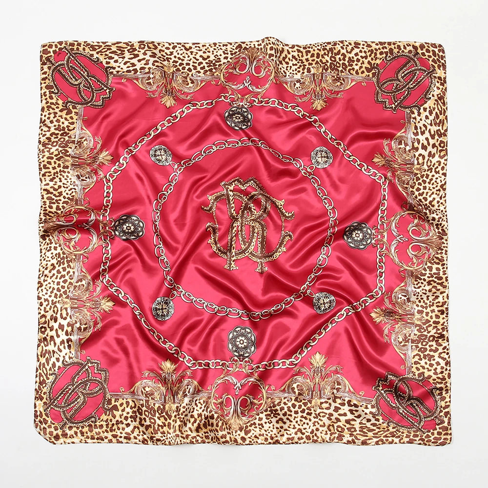 90cm Leopard Print Square Scarf Satin Silk Headband Muslim Woman Hijab Lady Fashion Hairwrap Rock Style Headscarf Islam Foulard