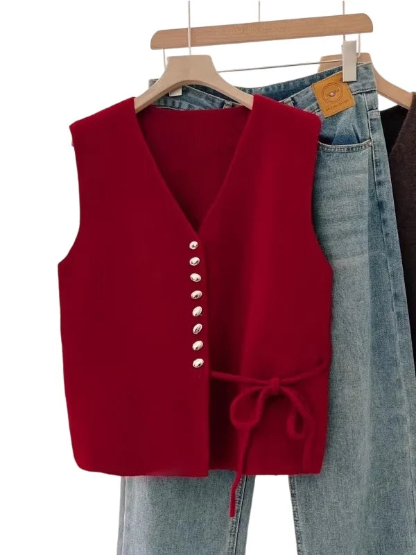 Elegant Pumpkin Orange Knitted Vest Women's Early Spring New Style plus Size Waist-Cinching Layering Vest V-neck Design
