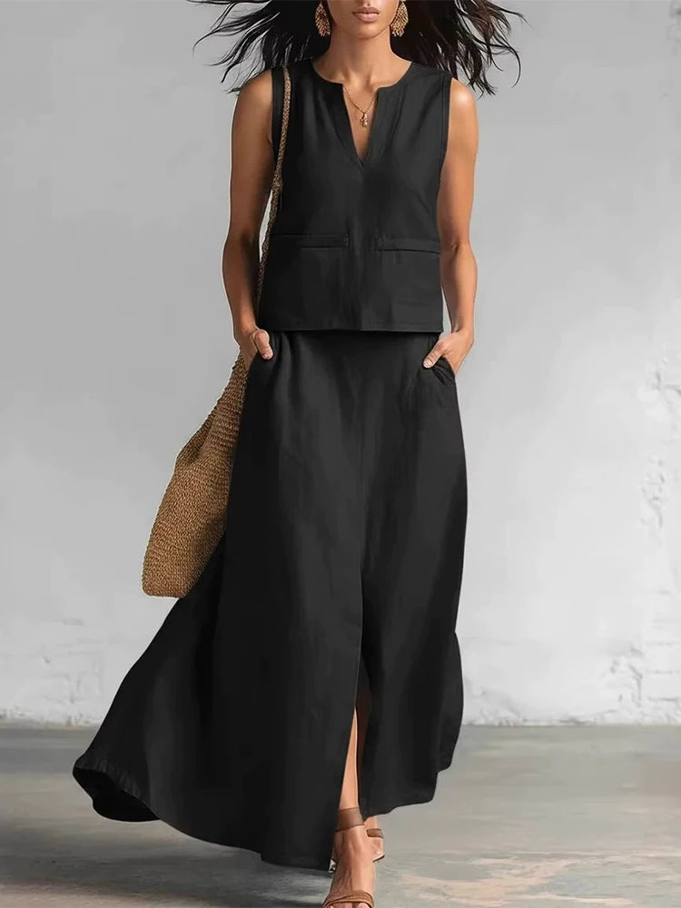 Women's Elegant Split Loose Long Skirt Suit Sexy V-neck Sleeveless Vest & Skirt Set Casual Cotton Linen Solid Two Piece Outfits