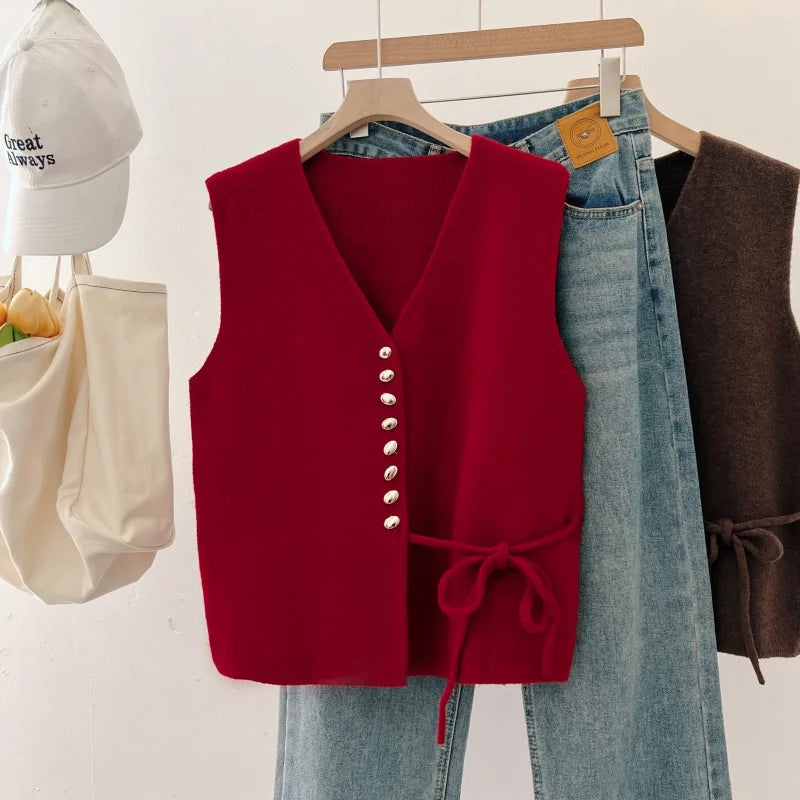 Elegant Pumpkin Orange Knitted Vest Women's Early Spring New Style plus Size Waist-Cinching Layering Vest V-neck Design