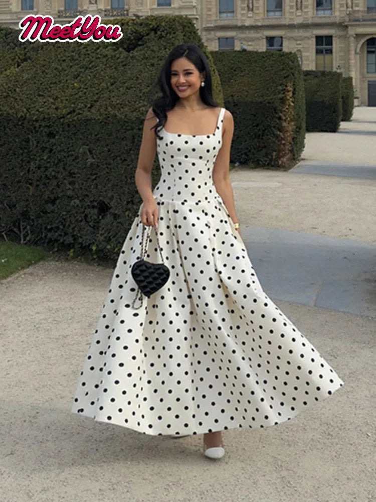 Casual Polka Dot Print Sleeveless Maxi Dress Women Fashion Square Neck High Waist A-line Long Robe 2025 Summer New Party Gowns N