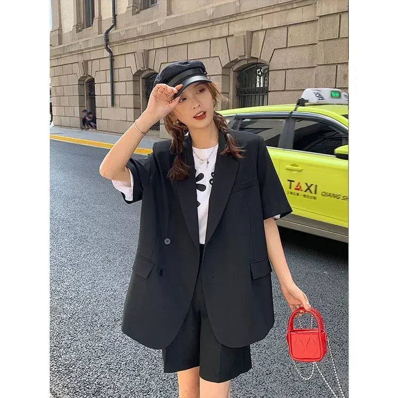 Korean Loose 2 Piece Women Short Set with Blazer Summer