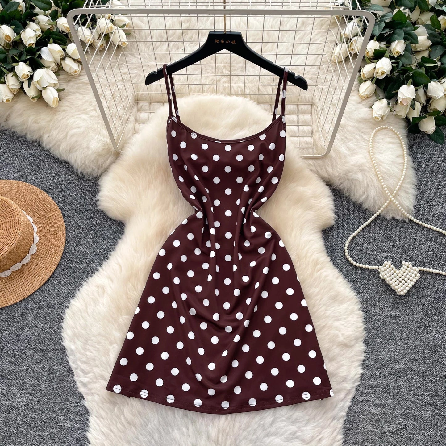 Polka Dot Halter Neck High Waist Slim Fit A-Line Dress Women Summer Sweet Commute Korean Style Polyester Fiber Sleeveless
