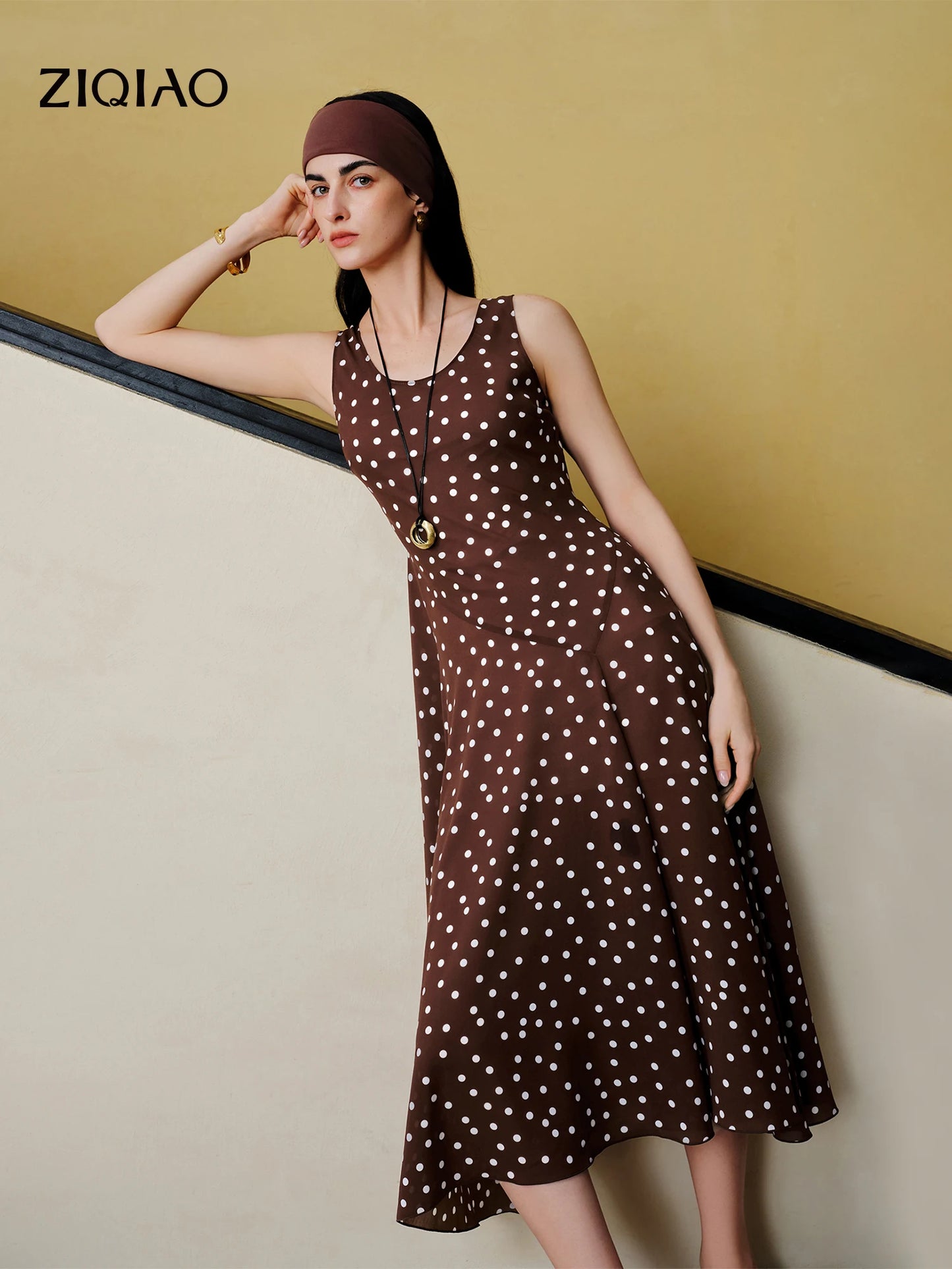 ZIQIAO Diagonal Cut Retro Polka Dot Chiffon Slip Dress for Women 2026 Summer New Style U-neck Vest Dress Vintage Commuting