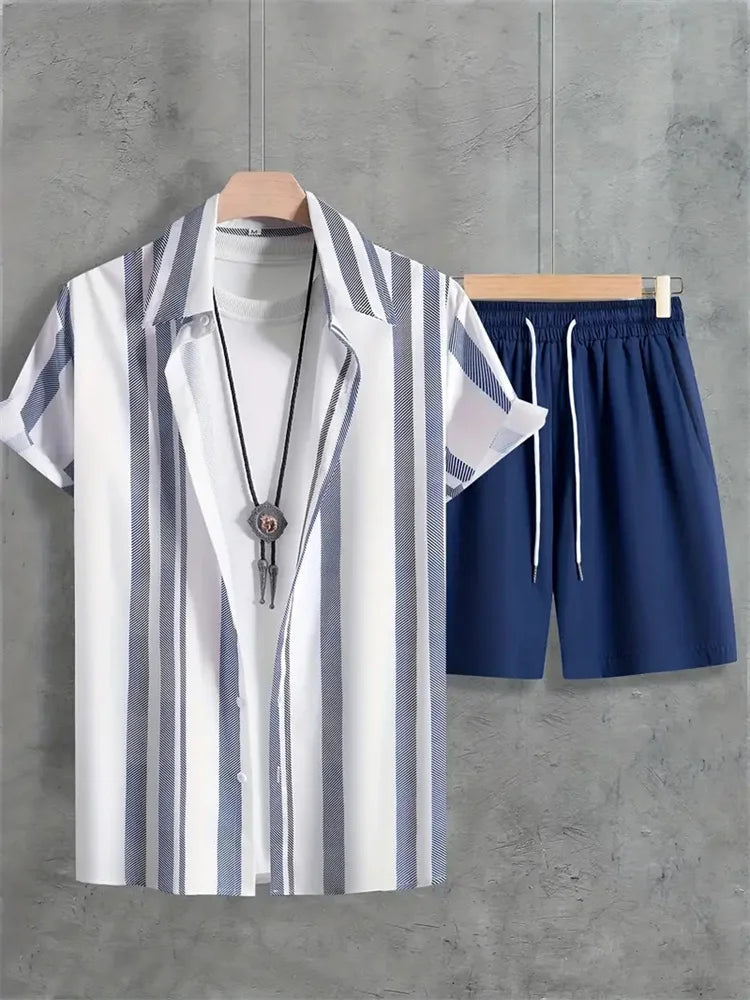 2024 Summer Men's Casual Commuter Suit Men's Striped Printed Shirt Short Sleeve Shorts 2-Piece Men's Hawaiian Beach Style Wear