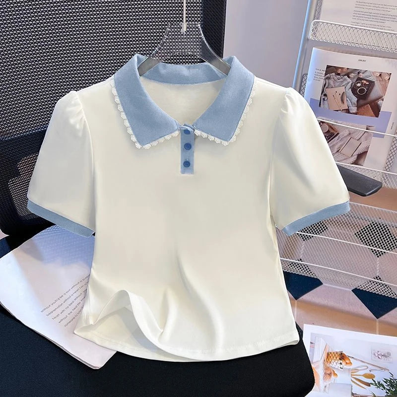 Women Peter Pan Collar Short Sleeve T Shirt Summer New Design False Two Piece Top Blouse