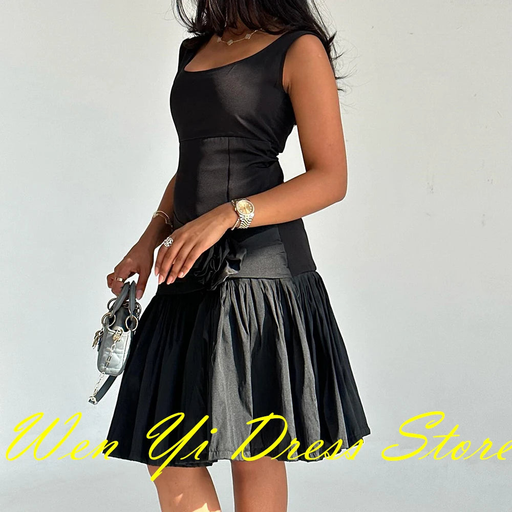CustomizedFashion and Modern 3D Flowers A-Line Square Neck Cap Sleeve Jersey Cocktail Dresses Mini Length Pleats  Sleeveless Cus