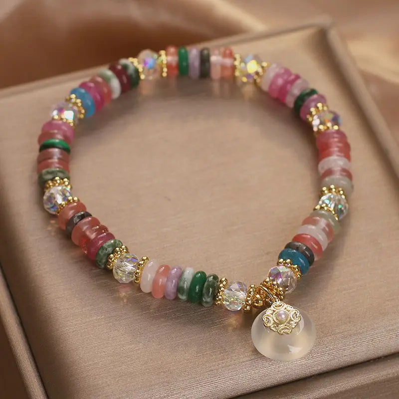 Natural Stone Color Beaded Crystal Bracelet Women's 2026 New Entry Luxury Niche High-end Sense Safe Buckle Pendant Hand String