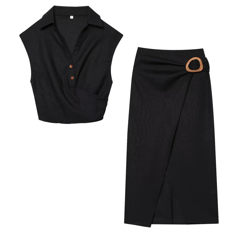 in found today ETJ 2026 new women's elegant fashion casual suit pleated lapel sleeveless blouse & comfortable MIDI skirt with buttons