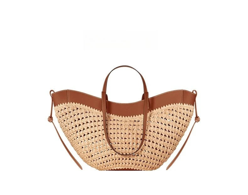 Women’s Woven Tote Bag, Large Capacity Straw Beach Handbag, Simple Casual Shoulder Bag for Summer