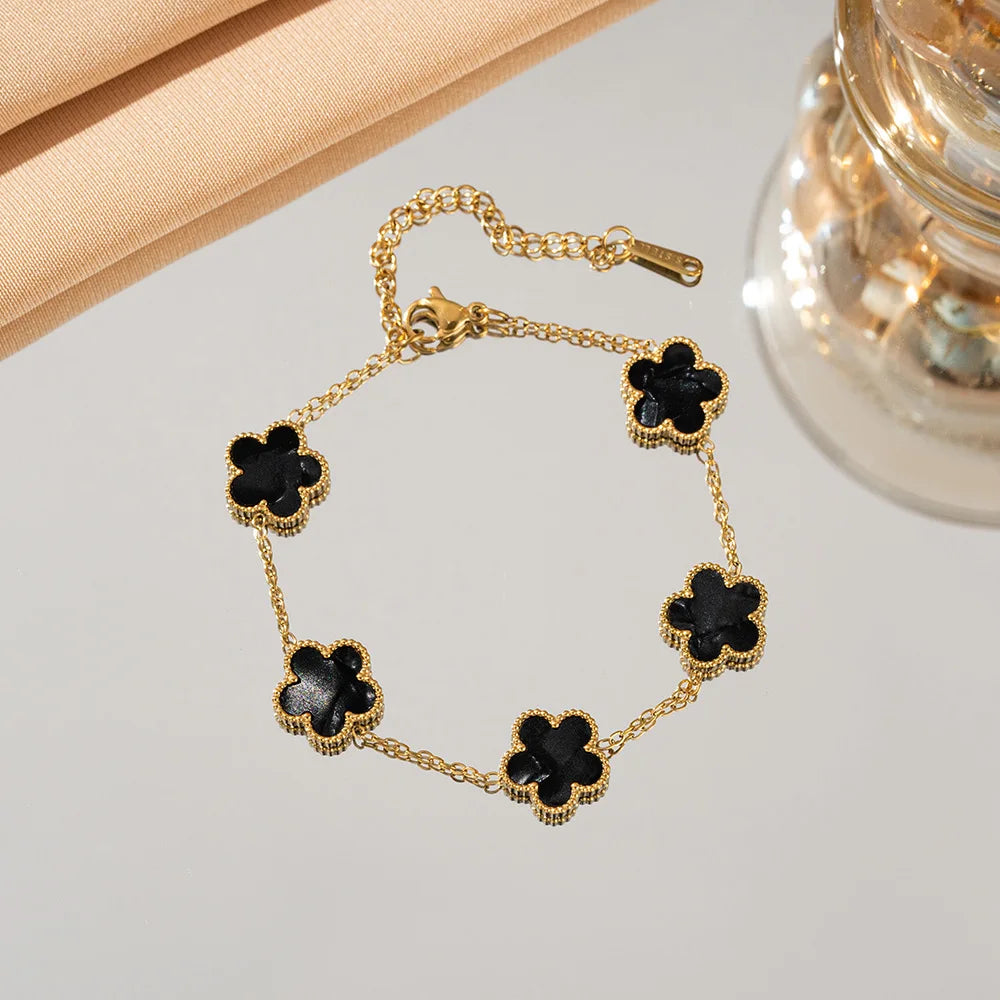 Double Sided Five-Leaf Flower Bracelet For Women Adjustable 18k Plated Gold Stainless Steel Five Point Star Clover Party Jewelry