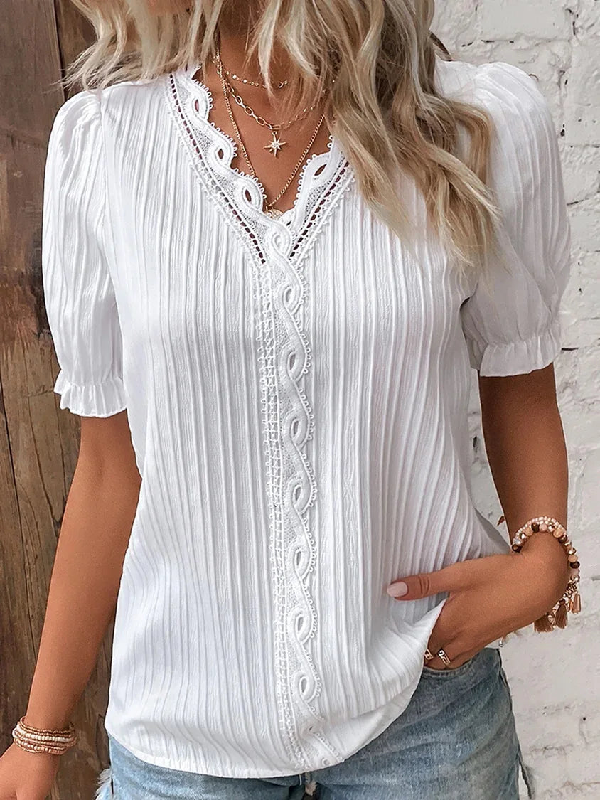 Top Solid Sexy V-Neck Hollow Short Sleeve Shirt Fashion Splice