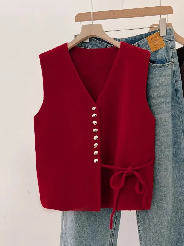 Elegant Pumpkin Orange Knitted Vest Women's Early Spring New Style plus Size Waist-Cinching Layering Vest V-neck Design