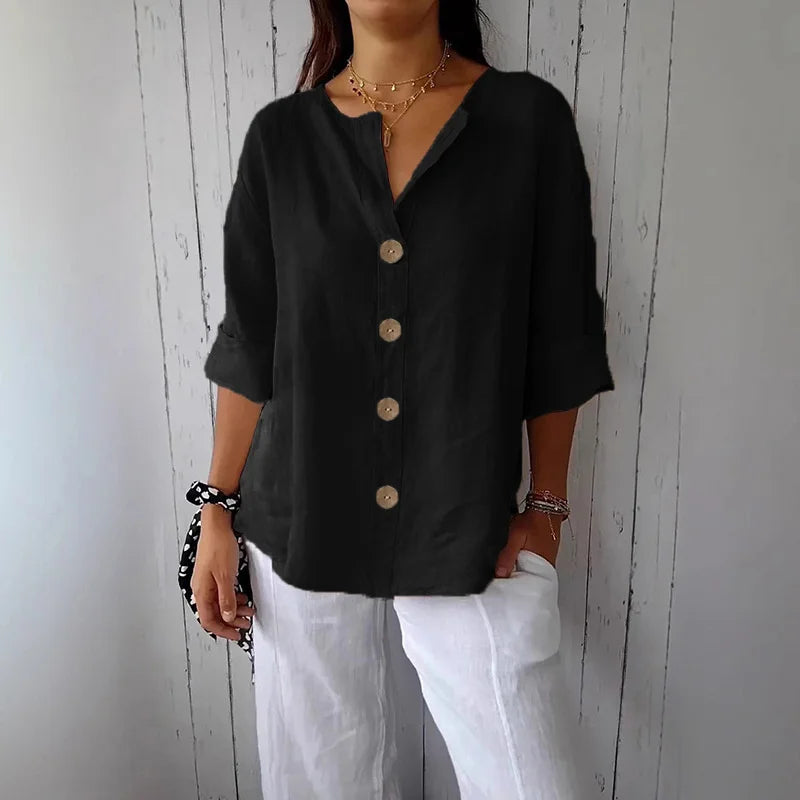 Loose Shirt Women's V-Neck Cotton Linen Button Top Casual Shirts Solid Fashion Elegant