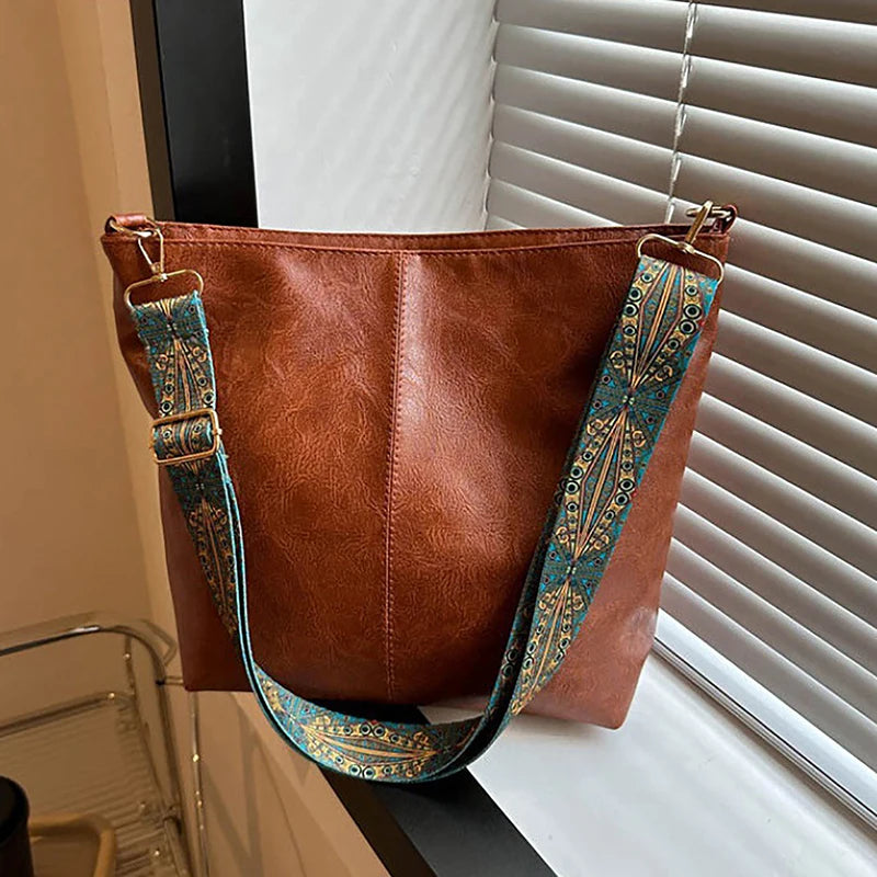 Wide Geometric Strap Shoulder Bag Large Capacity Crossbody Bags For Women,Retro Pu Leather Women's Bag For Shopping Travel