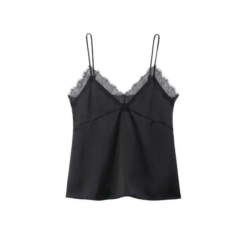 Women's Summer New Solid Sexy Lace Satin Sling Tops Female Sleeveless Backless Tank Top Lady Fashion Holiday Party Short Camisol