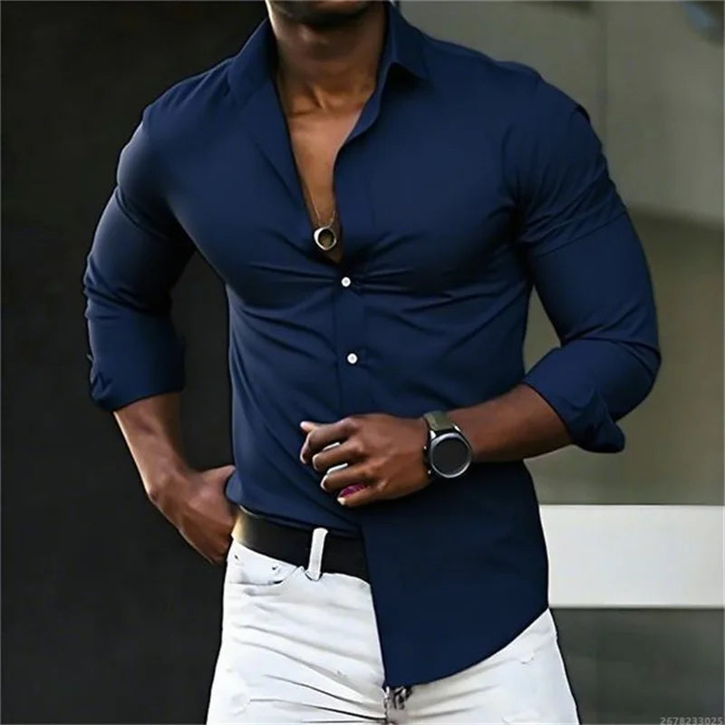 New men's shirt solid color long sleeve casual fashion black and white multi-color optional all seasons business men's shirt
2026