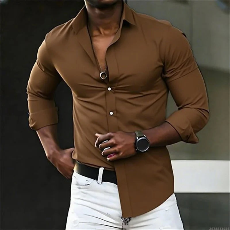New men's shirt solid color long sleeve casual fashion black and white multi-color optional all seasons business men's shirt
2026
