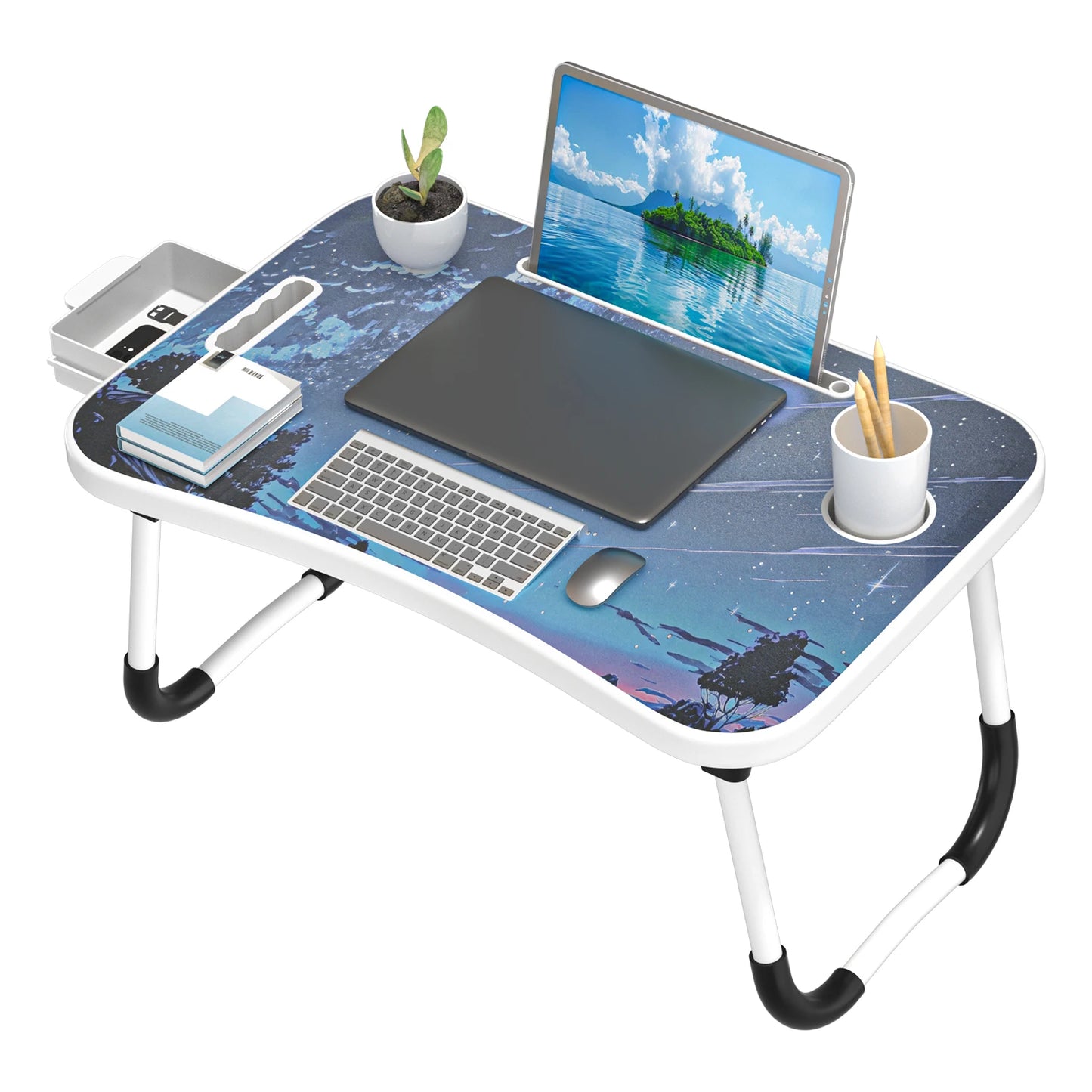 Extra-large multifunctional folding desk, portable multi-color wooden laptop bed desk with cup holder, suitable for work, readin