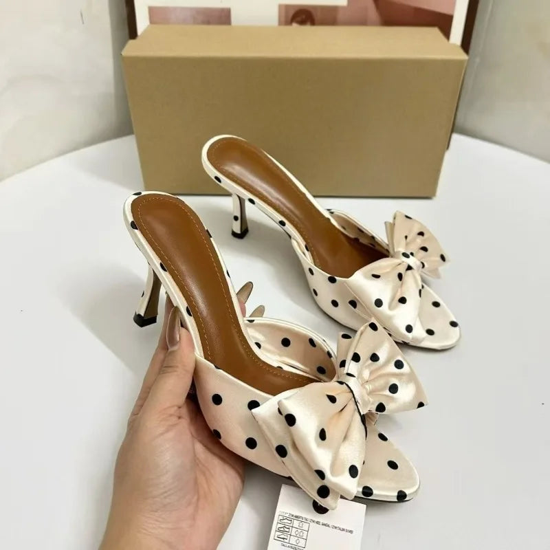2026 Summer New Women's Polka Dot Bow Satin Mules - Stiletto High Heel Open Toe Fashion Slippers for Party Evening Dress Shoes