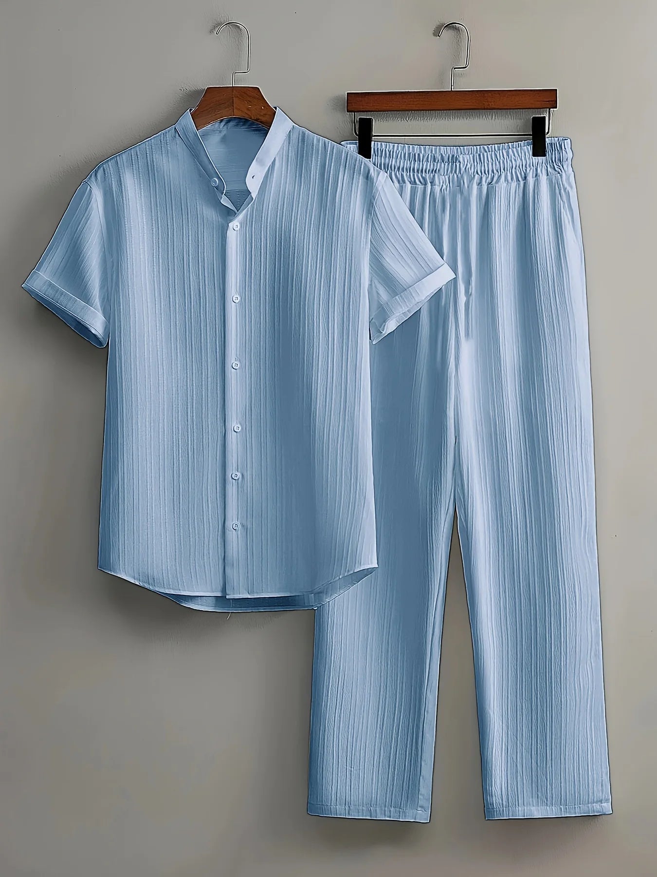 Men's Summer White Suit Outdoor Travel Suit Solid Color Vertical Strip Lapel Short-sleeved Shirt Drawstring Pants Two-piece Set