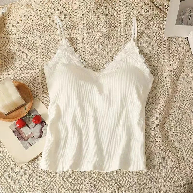 Women Sleeveless Tank Tops Solid Color Korean Version V Neck Slim Fashion Lace Stitching With Chest Pad Camisole