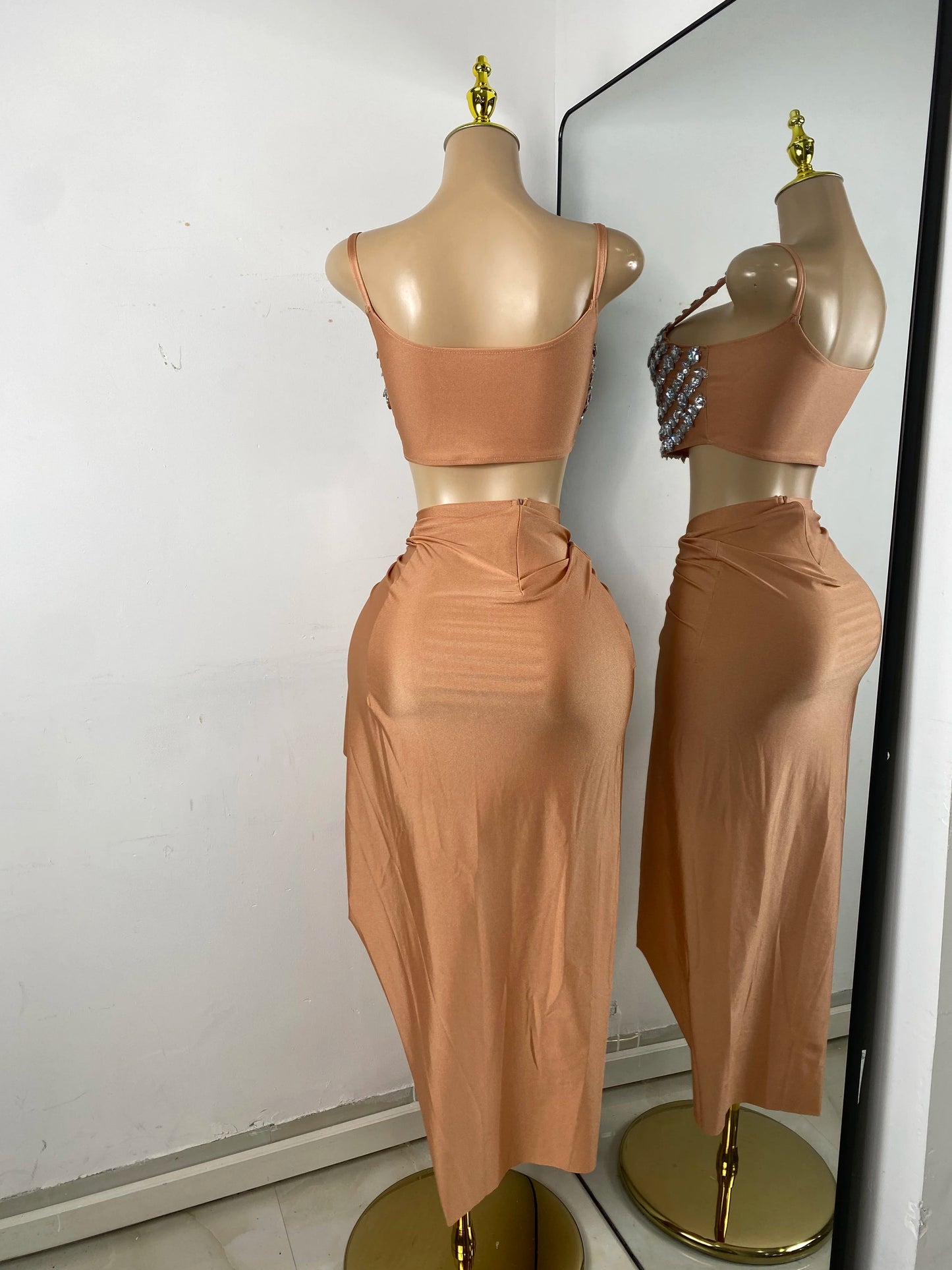Women Sexy Sparkly Diamonds Crop Top Two Piece High Split Mesh Sheer Outfit Birthday Dress Nightclub Dancer Performance Costume