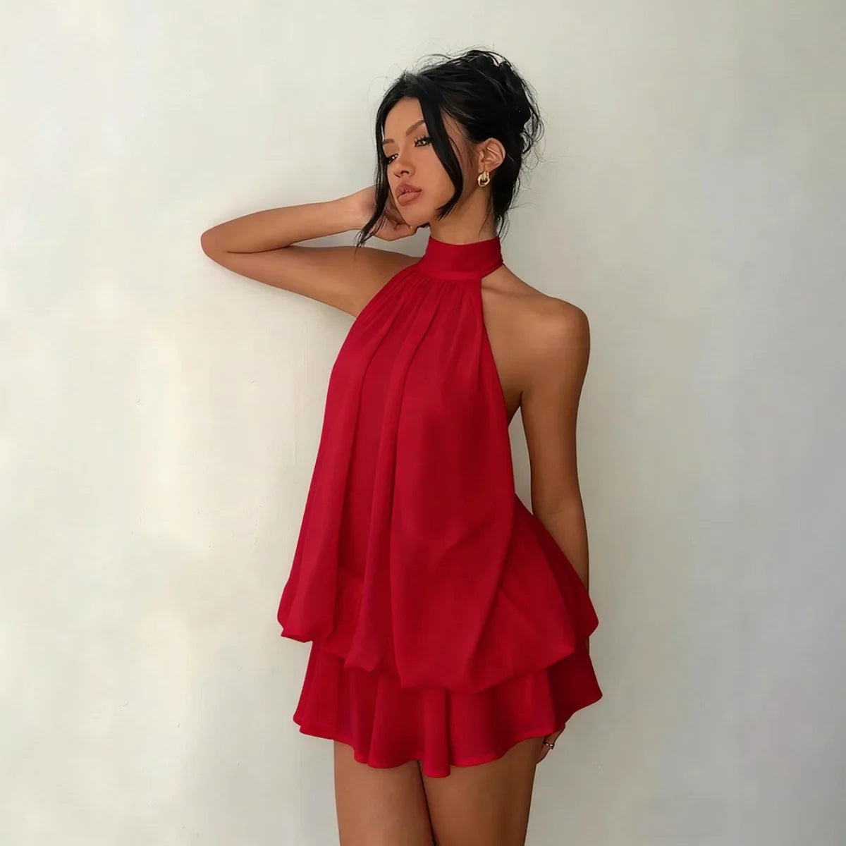 Women's Halter Neck Dress, Backless Tie-Front Chiffon Sheer Mini Skirt