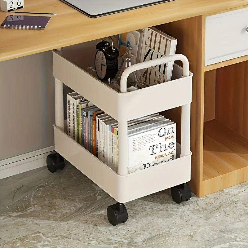 2-Tier Rolling Cart with Wheels, Removable Shelves & Hooks, Multipurpose Organizer for Kitchen, Office, Bathroom, Bedroom