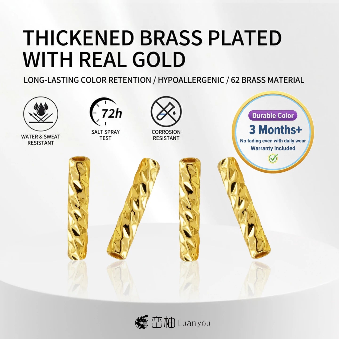 5Pcs 18K Gold Plated Brass Straight Tube Jewelry Supplies For DIY Bracelet Making StripeTubes Accessories