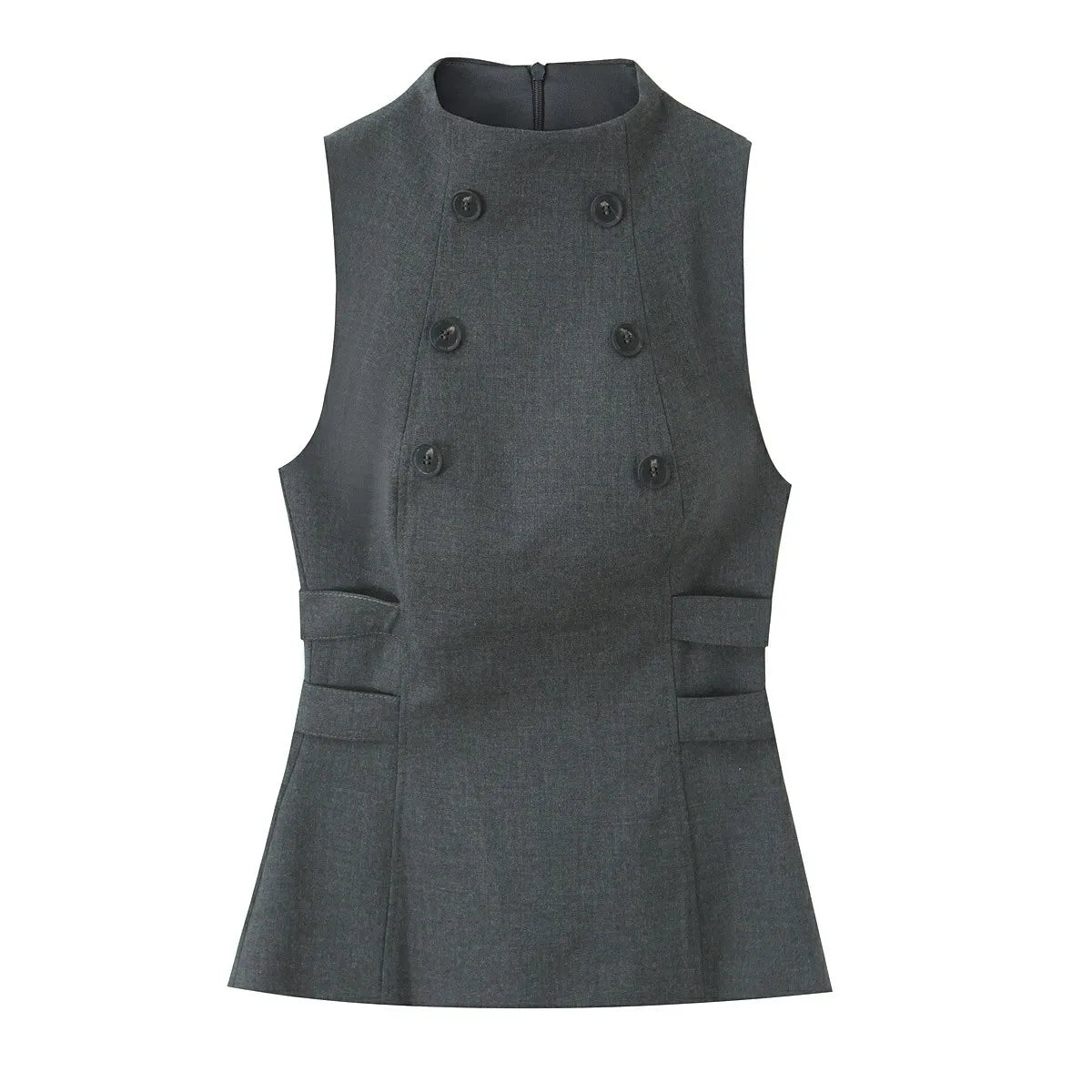 Women Top New Fashion Sleeveless O-Neck Waist-Cinching Lotus Leaf Hem Double-Breasted Top Women Sexy Elegant Vest