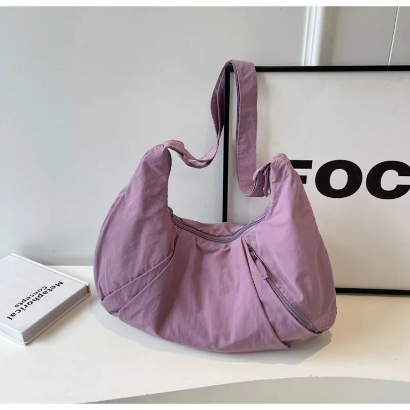 Korean Style Nylon Shoulder Bag Tote Bag Large Capacity Casual Dumpling Bag Solid Color Fold Oxford Cloth Girls Сумка Женская