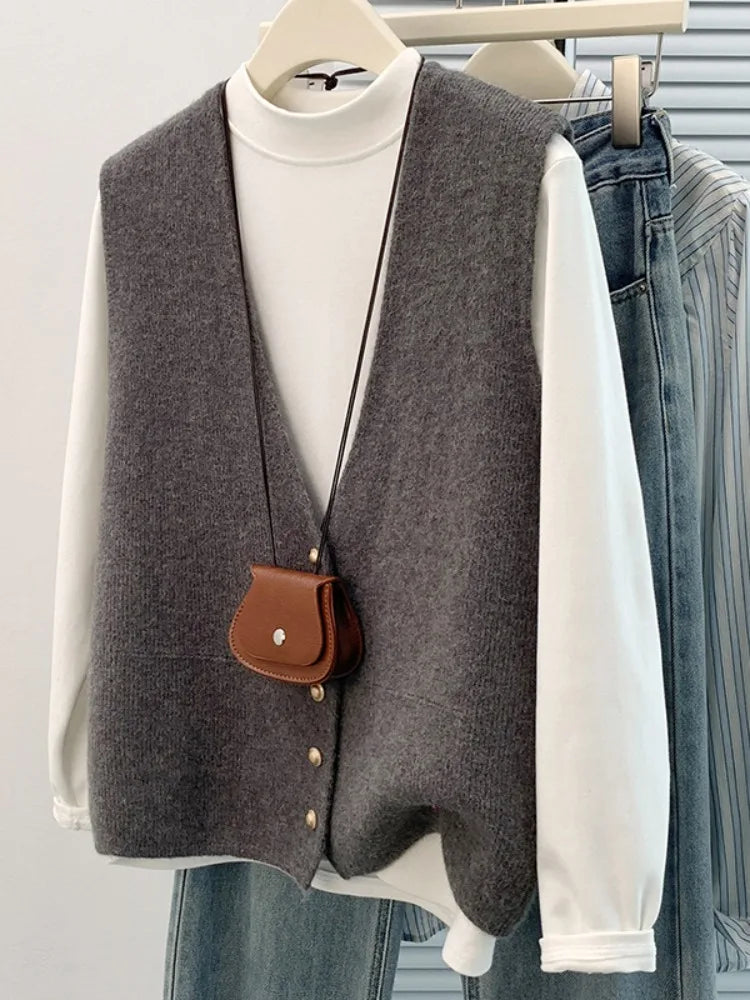 Fashionable Short Knitted V-Neck Vest Women's Autumn Winter Outerwear Sweater Cardigan Shoulder Pad Layering Vest