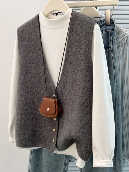 Fashionable Short Knitted V-Neck Vest Women's Autumn Winter Outerwear Sweater Cardigan Shoulder Pad Layering Vest