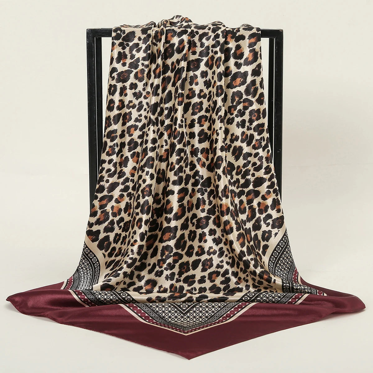 90cm Leopard Print Square Scarf Satin Silk Headband Muslim Woman Hijab Lady Fashion Hairwrap Rock Style Headscarf Islam Foulard