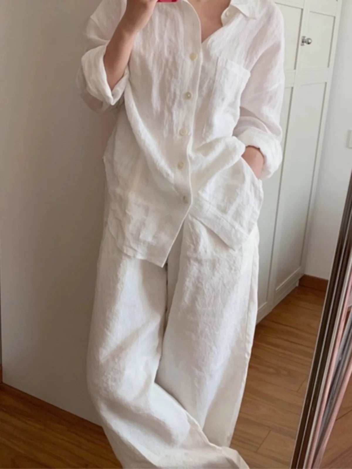 Fashionable Pure Color Cotton Linen Set Long Sleeve Single Button  Neck Shirt Elastic Waist Straight Leg Pants Two Piece Set