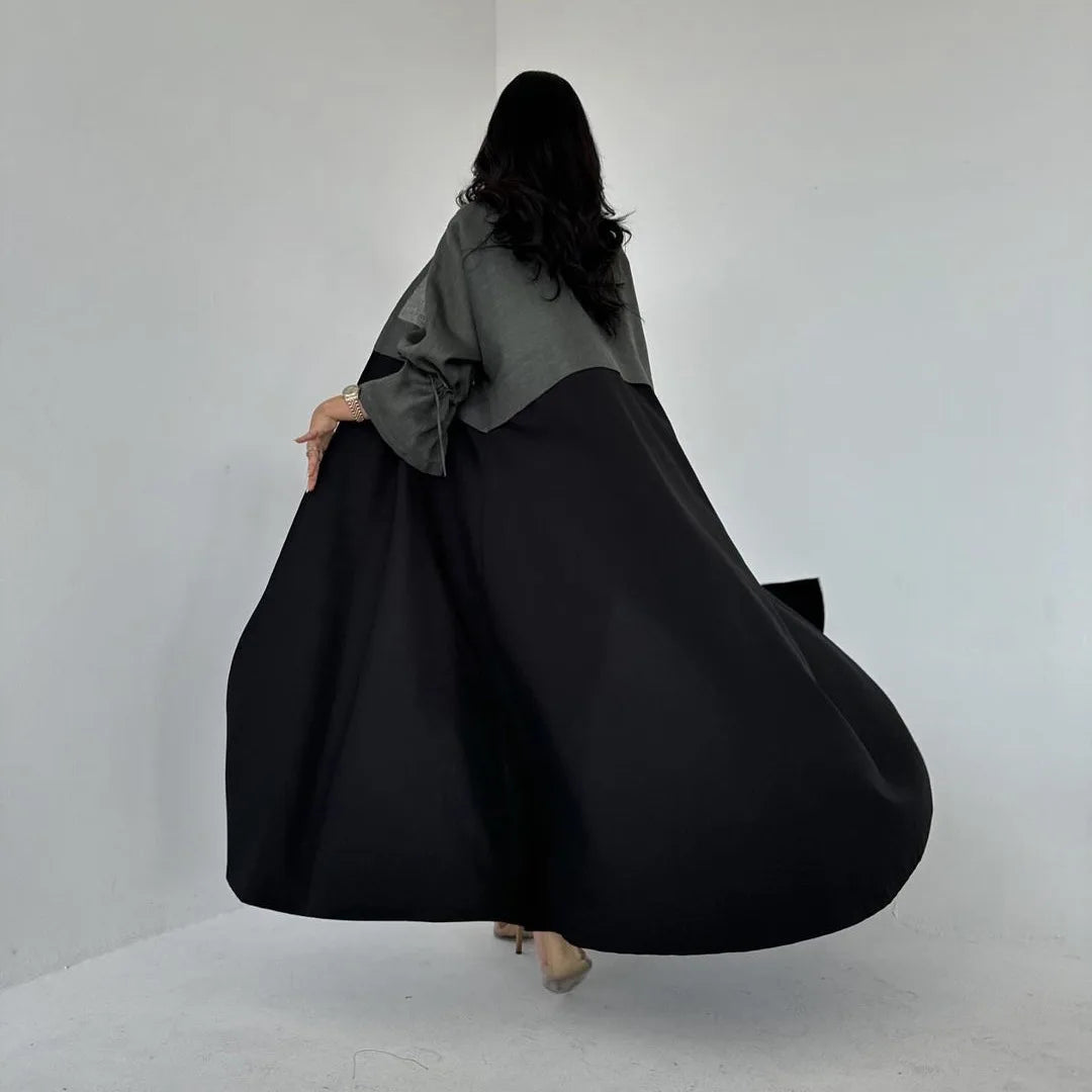 Fashionable Spliced Muslim Abaya with Corduroy Sleeve Opening High Density Ice Silk Dubai Turkey Robe for Middle East Muslims