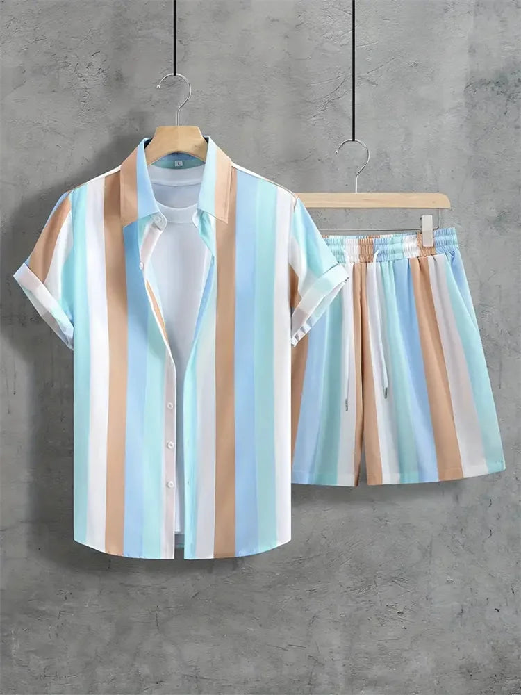 2024 Summer Men's Casual Commuter Suit Men's Striped Printed Shirt Short Sleeve Shorts 2-Piece Men's Hawaiian Beach Style Wear