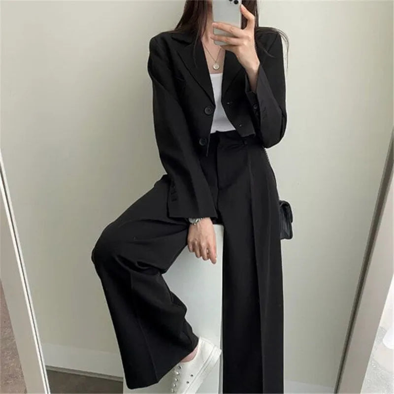 Suit Coat 2 Piece Set Women Blazer Jacket Straight Pants Ensemble Single Breasted Turn Down Collar Trousers Office Lady Outfits