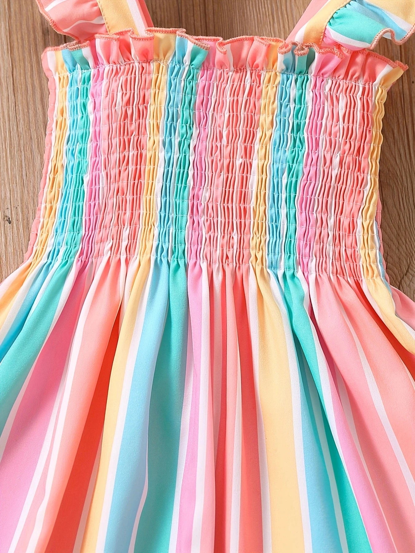 Girls' striped parallel pleated ruffle A-line dress