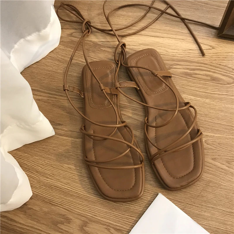 2026 New Women's Summer Fashion Flat Open-Toe Cross Lace-up Sandals Casual Elegant Dress Lace-up Beach Roman Style Sandals