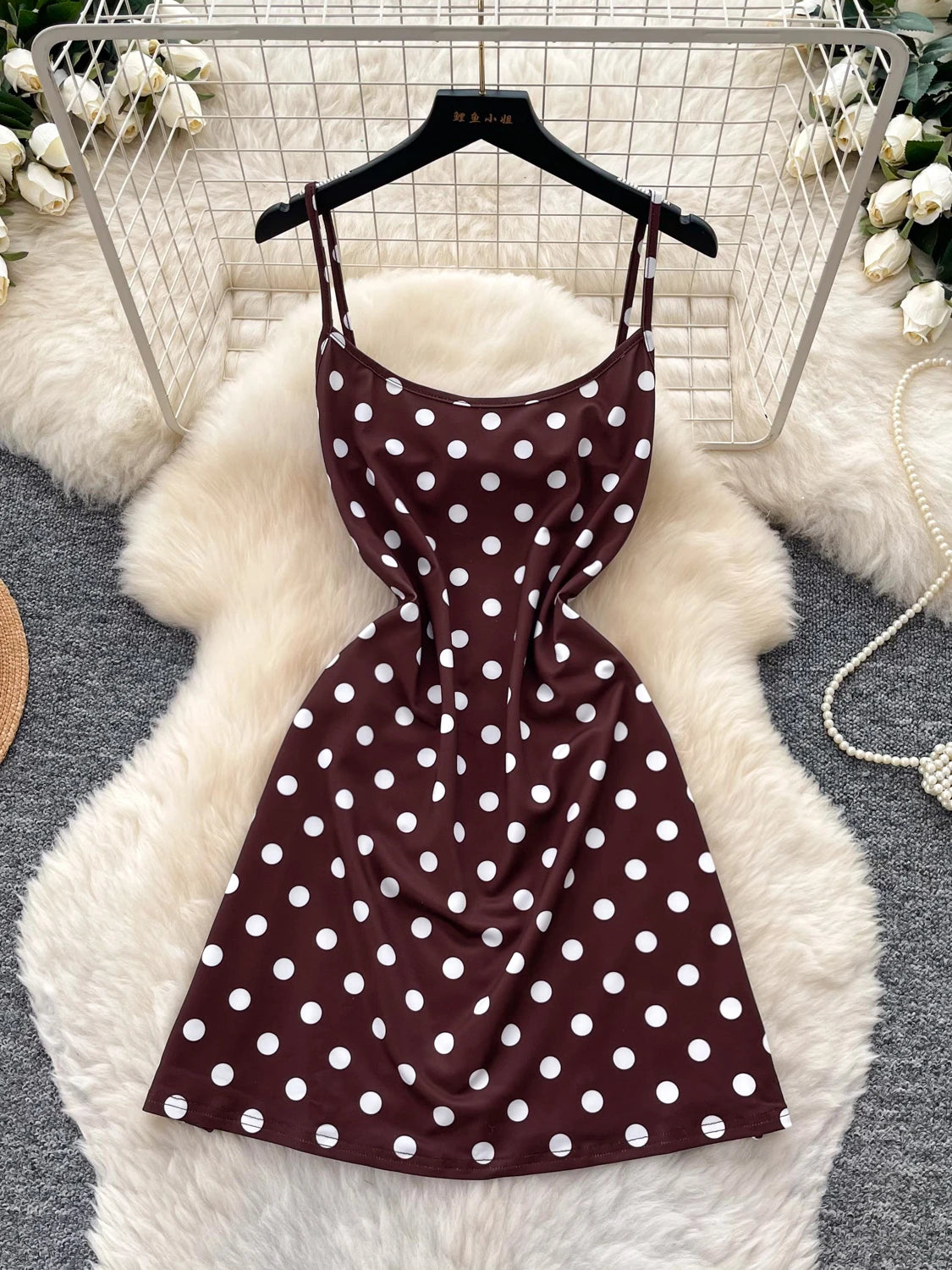Polka Dot Halter Neck High Waist Slim Fit A-Line Dress Women Summer Sweet Commute Korean Style Polyester Fiber Sleeveless