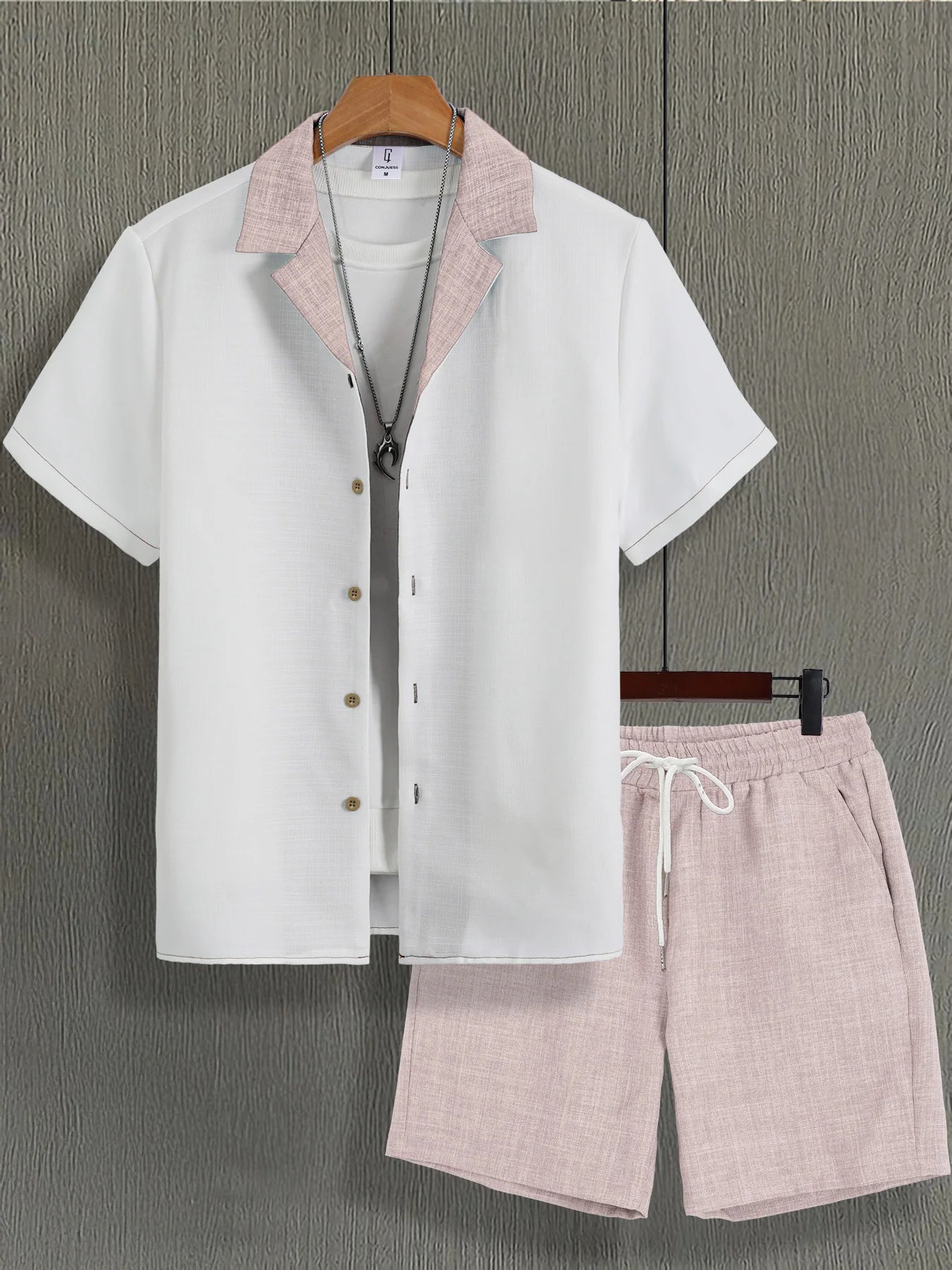 Men's White & Pink Textured Casual Set 2 Piece Lapel Collar Short Sleeve Shirt & Drawstring Shorts Outfit