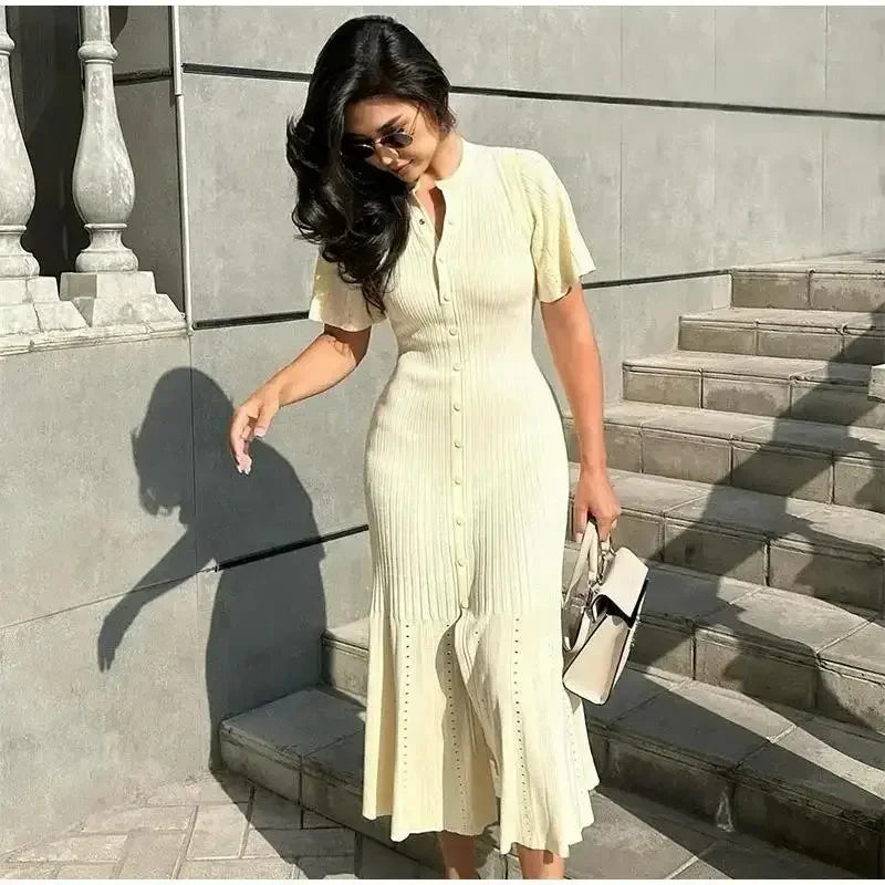 Knitted Dress Women Casual O Neck Solid Short