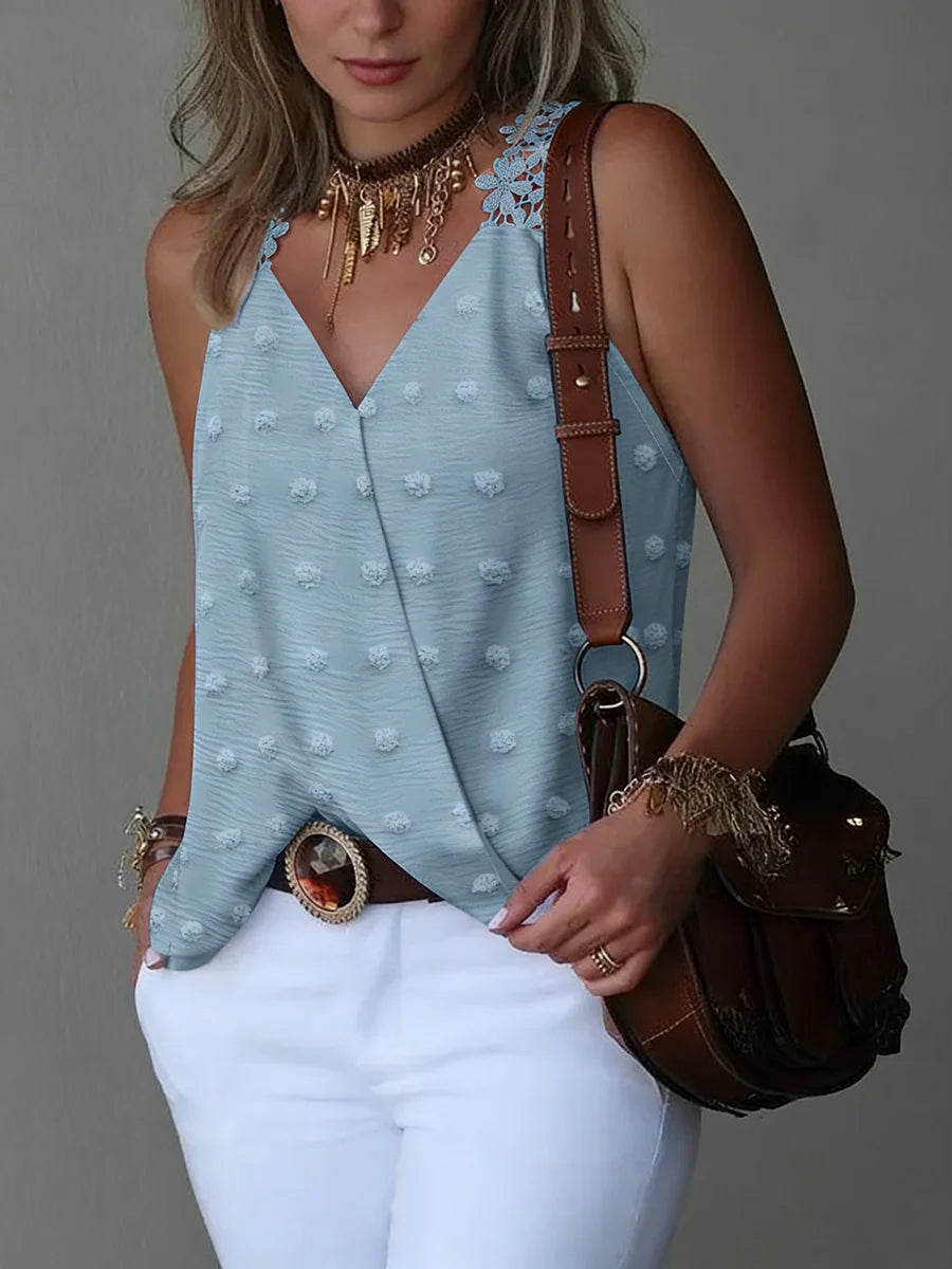 Women's V Neck Swiss Dot Tank Top Lace Trim Loose Top Casual Tank Top Spring Summer Chic Tank Top Daily Lightweight Top