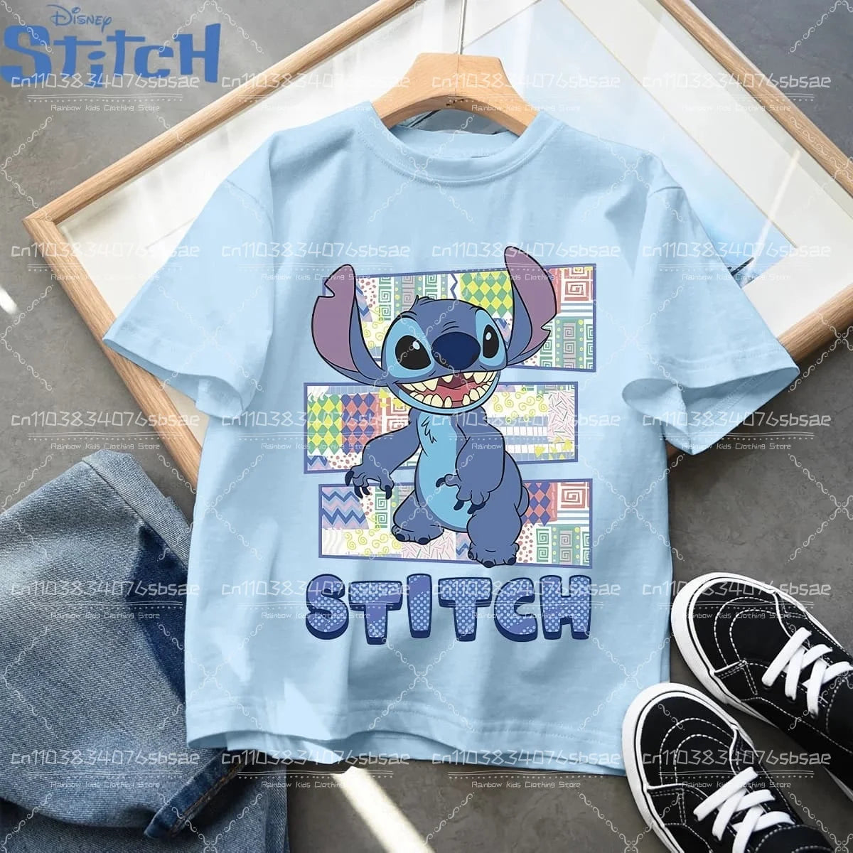 2026 Disney Children's Clothing, Stitch Cartoon Printed T-shirt, Round Neck Top for Boys and Girls, Soft Cotton Fabric Top