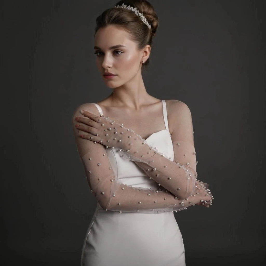 1 Pair Bridal Fingerless Pearl Gloves Wedding Sleeves Removable Shrugs for Women Summer Elegant  Bolero Shoulder Cape VPM10