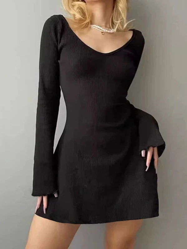 Knitted Long Sleeve Slim Mini Dress Women Autumn Winter Solid Color V-neck Belt A-line Club Party Sexy Dresses Elegant Clothing
